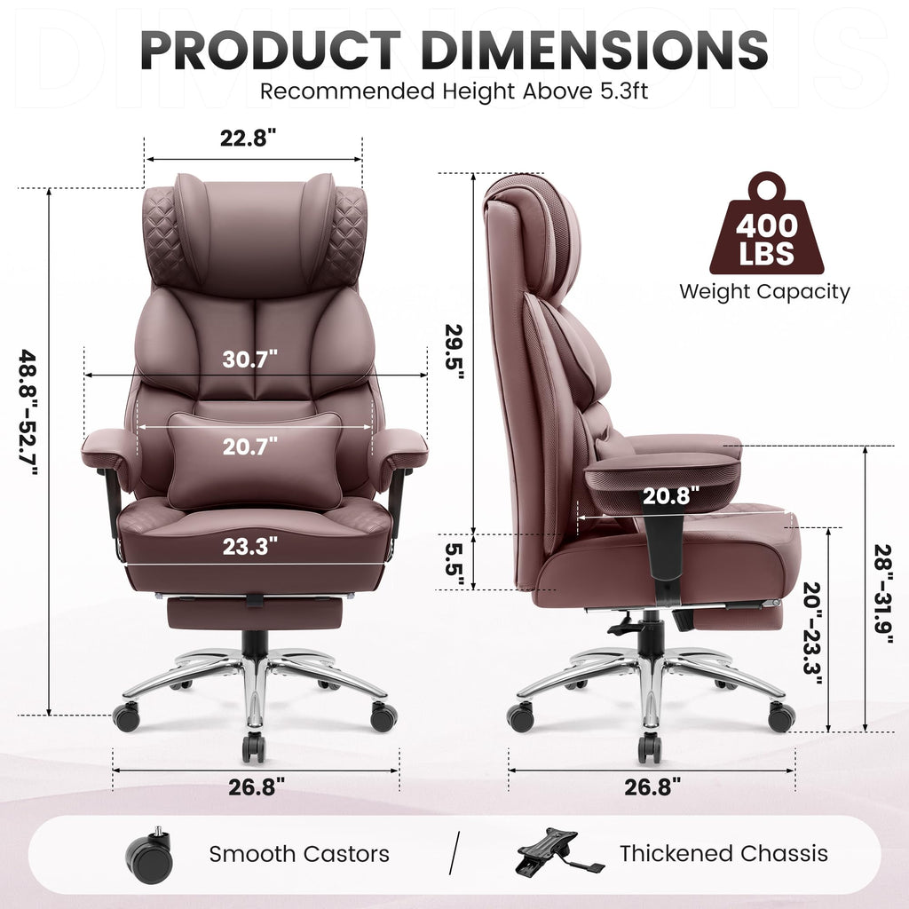 Office Desk Chair, Big and Tall Leather Gaming Chair with Footrest, Wide Ergonomic Comfy Executive High-Back Reclining Computer Chairs, Swivel Rolling Wheels and Padded Lumbar Support,Coffee