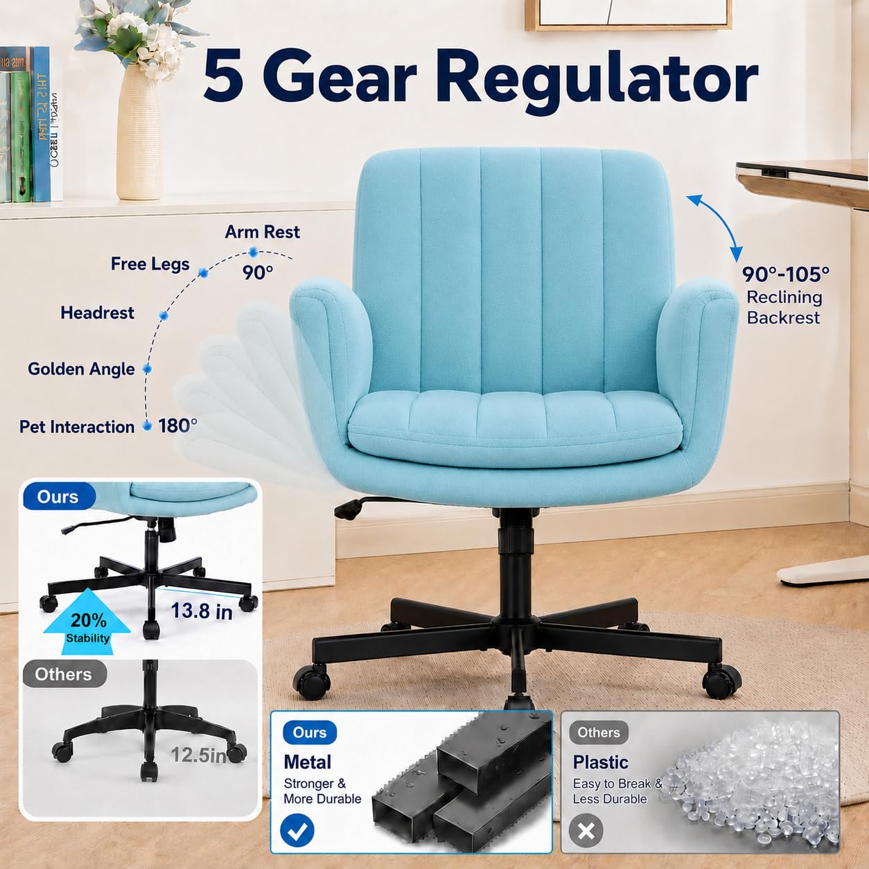 Criss Cross Office Chair with Wheels and Arms, Vanity Chair with Back, Comfy Swivel Cross Legged Office Chairs for Ultimate Comfort and Support, Unique Multifunctional Stylish Arms (Fabric Green)