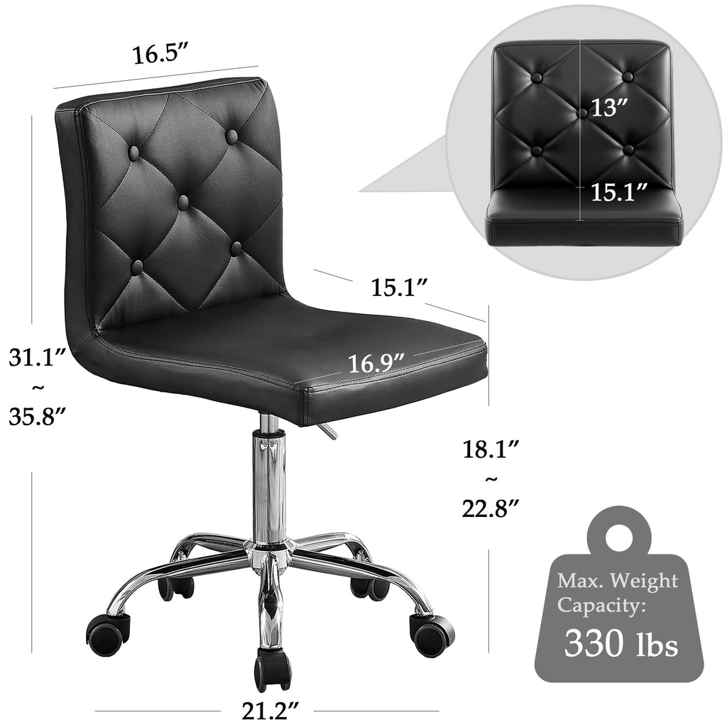 PU Leather Mid-Back Armless Vanity Chair Adjustable Height 360° Rolling Swivel for Office Work