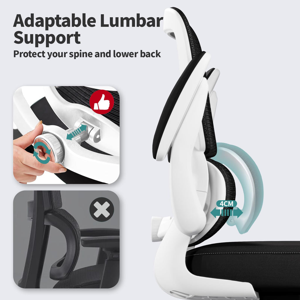 Office Chair - Ergonomic Desk Chair with Adjustable Lumbar Support, Mesh Computer Chair, Executive Chairs for Home Office Comfortable Lumbar Support (White+Black)