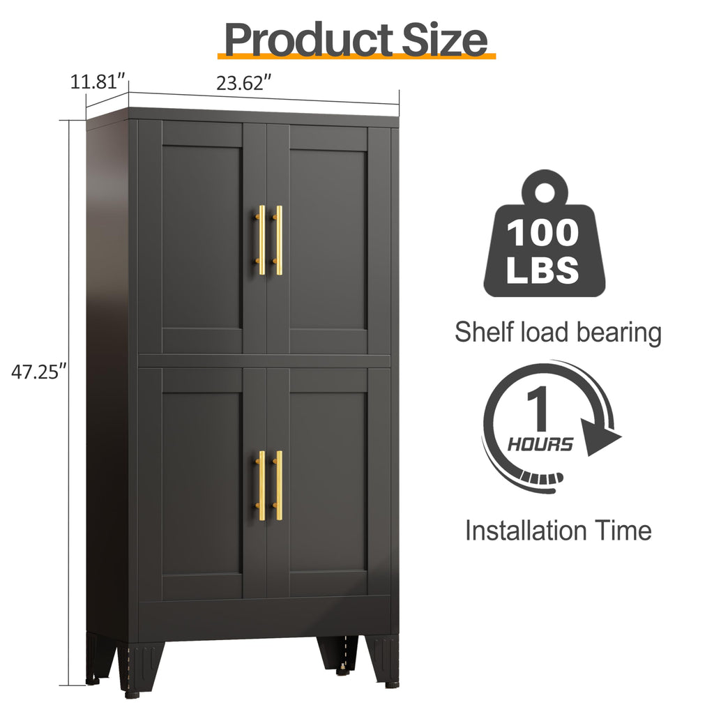 47” Black Metal Storage Cabinet, Kitchen Pantry Cabinet