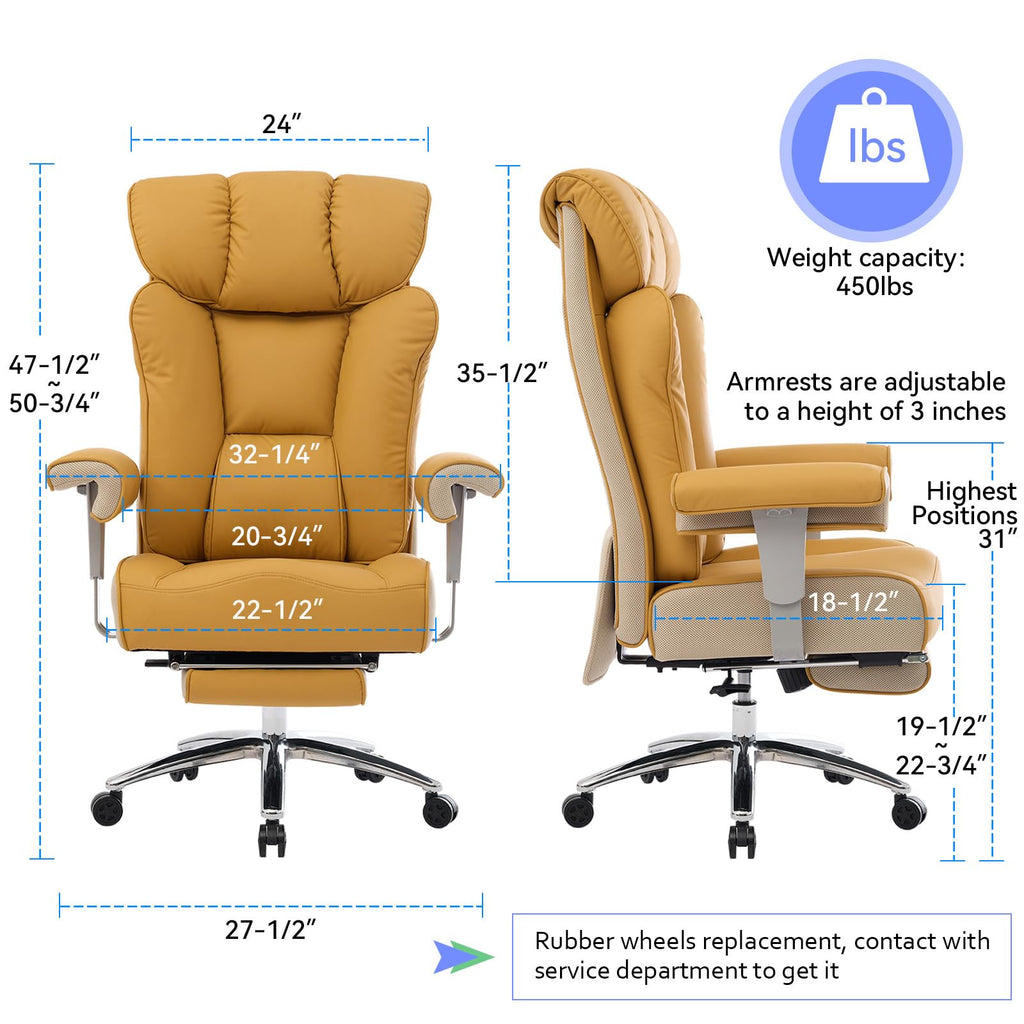 Big and Tall Green Office Chair 450LBS – Ergonomic High-Back Executive Chair with Footrest, Adjustable Padded Armrests, PU Leather Computer Chair with Lumbar Support for Home or Office, Yellow