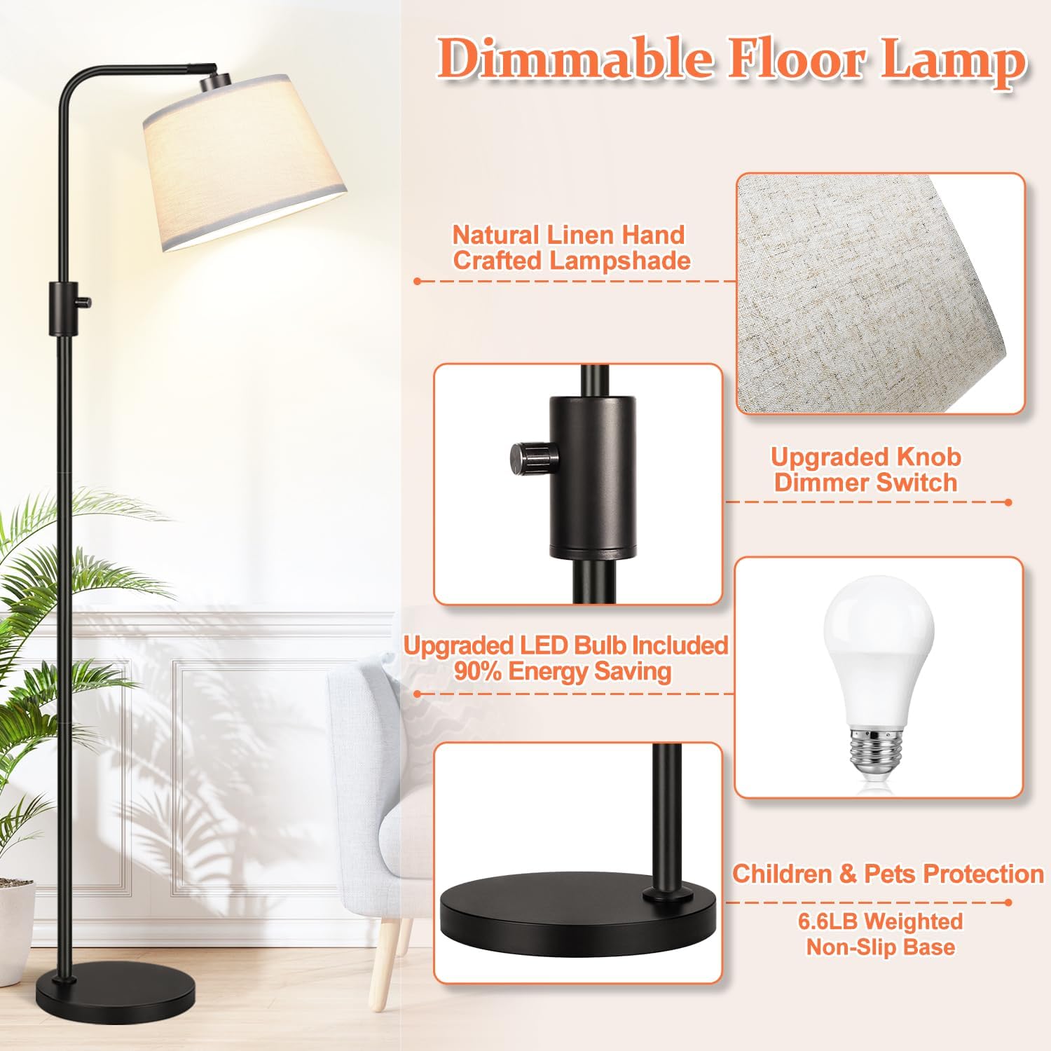 Floor Lamp, 1000 Lumens LED Edison Bulb Included, Arc Floor Lamps for Living Room Modern Standing Lamp with Linen Shade, Tall Lamp for Bedroom Office Dining Room- Black