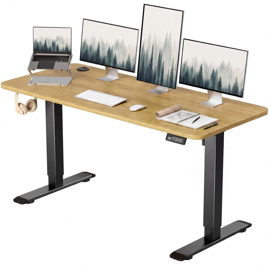 Electric Height Adjustable Standing Desk Large 55 x 24 Inches Sit Stand Up Desk Home Office Computer Desk Memory Preset with T-Shaped Metal Bracket, Maple