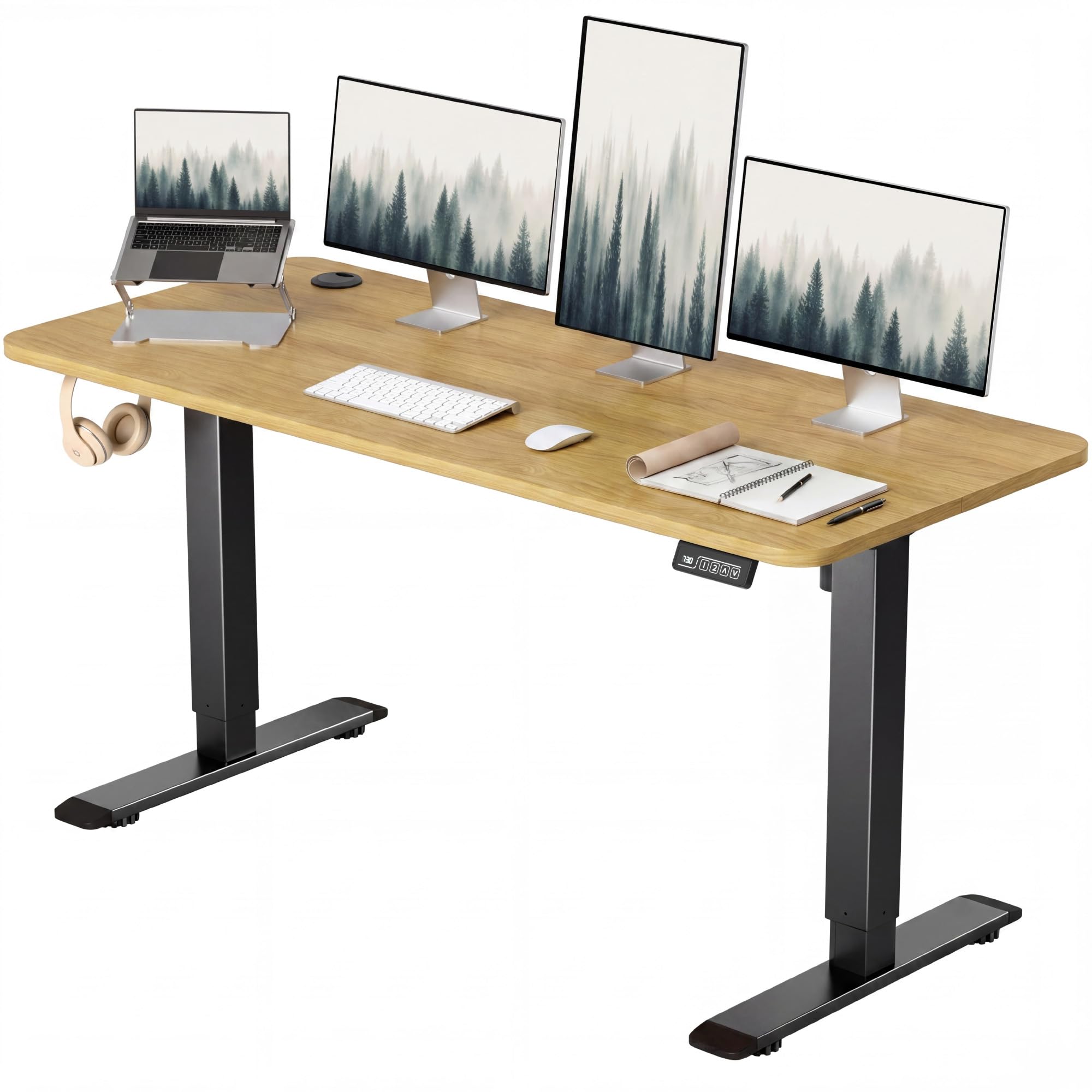 Electric Height Adjustable Standing Desk Large 55 x 24 Inches Sit Stand Up Desk Home Office Computer Desk Memory Preset with T-Shaped Metal Bracket, Maple