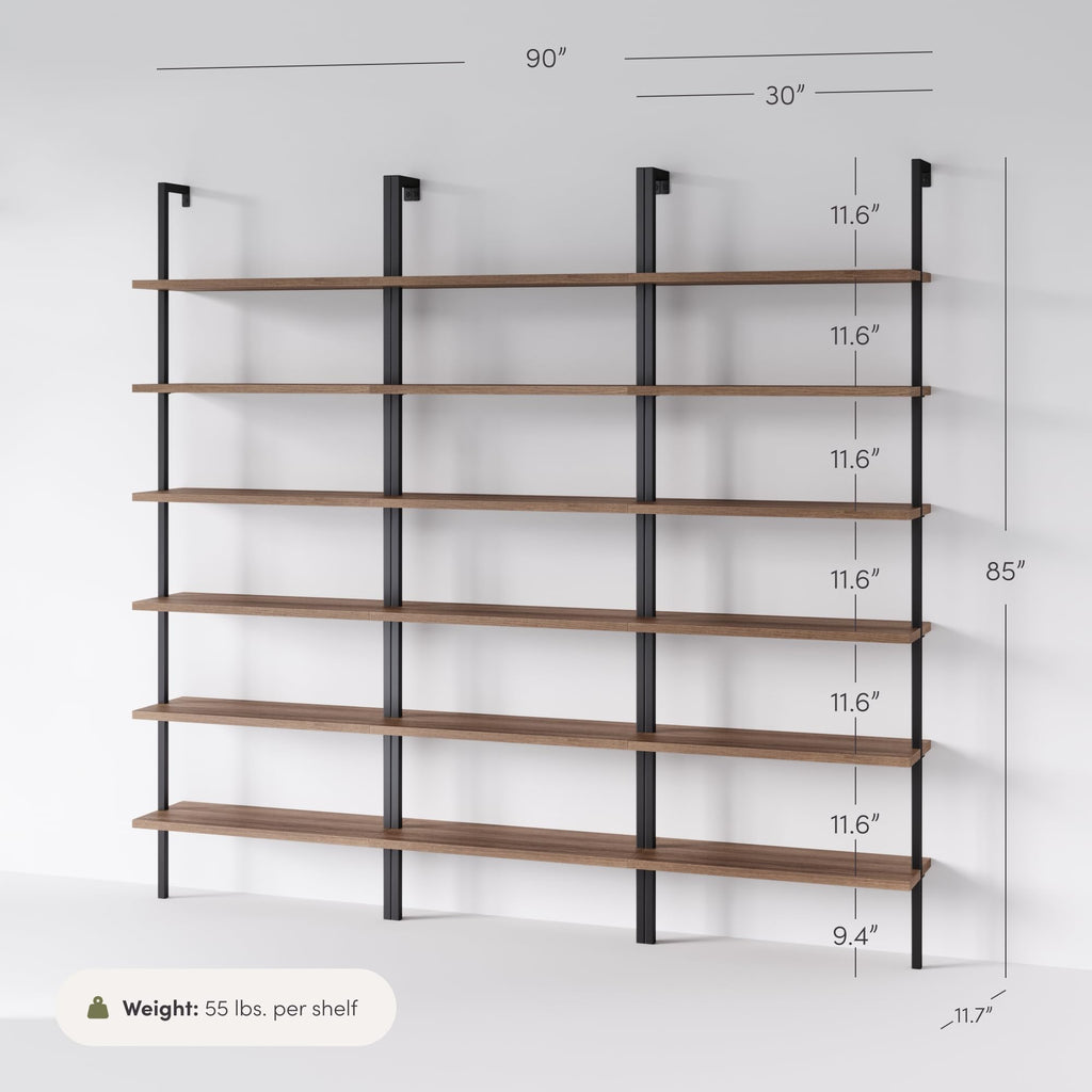 Set of 3, 6-Shelf Tall Bookcase, Wall Mount Bookshelf with Reclaimed Oak Wood and Industrial Metal Frame, Reclaimed Oak/Matte Black