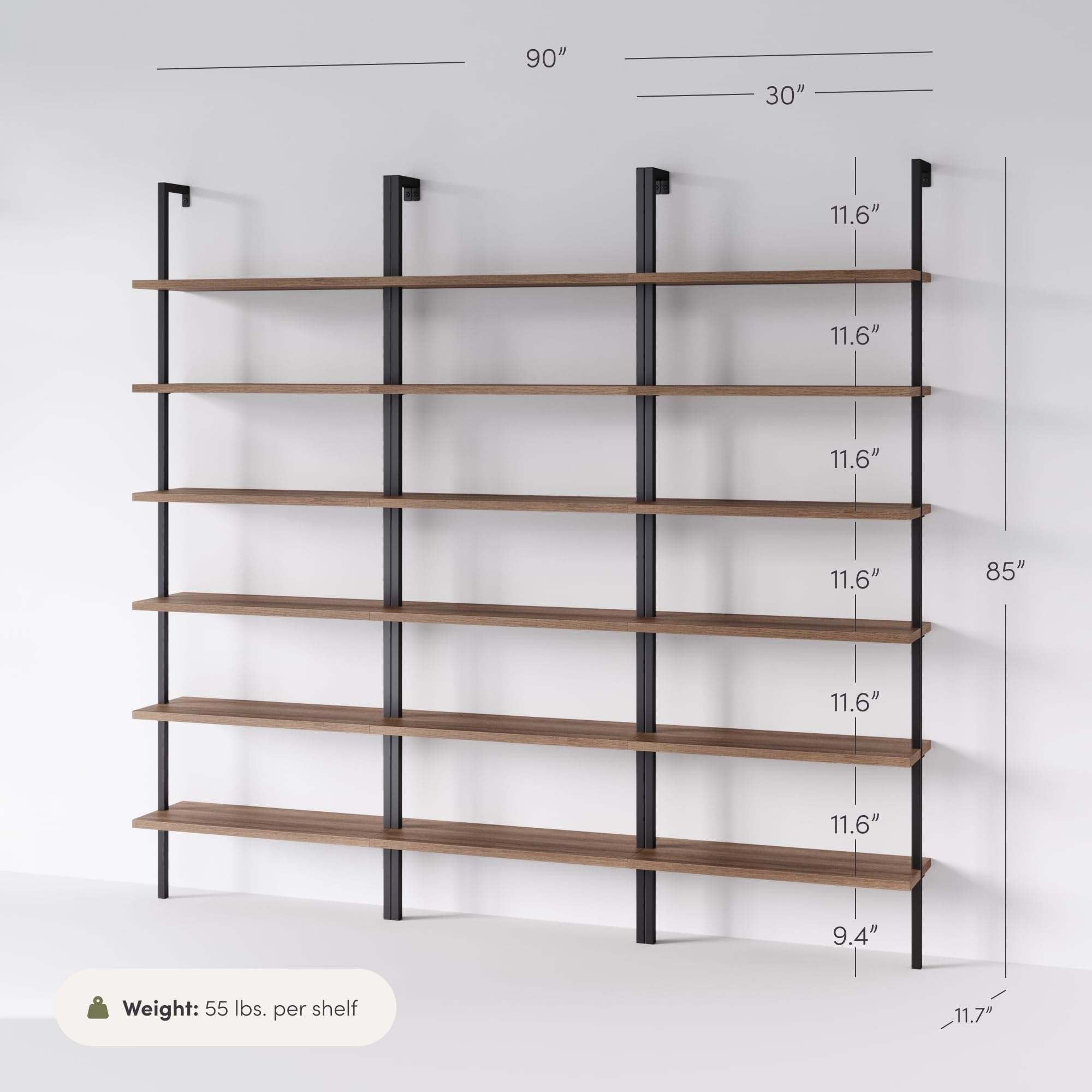 Set of 3, 6-Shelf Tall Bookcase, Wall Mount Bookshelf with Reclaimed Oak Wood and Industrial Metal Frame, Reclaimed Oak/Matte Black