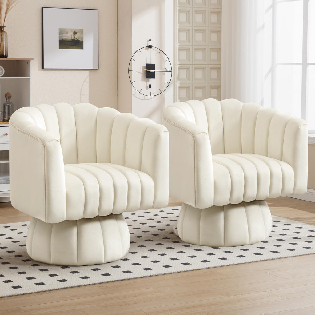 Swivel Accent Barrel Chair Set of 2- Cute Comfy Small Round 360° Arm Chair Velvet Sofa Club Reading Chair for Office Living Room Bedroom Beige