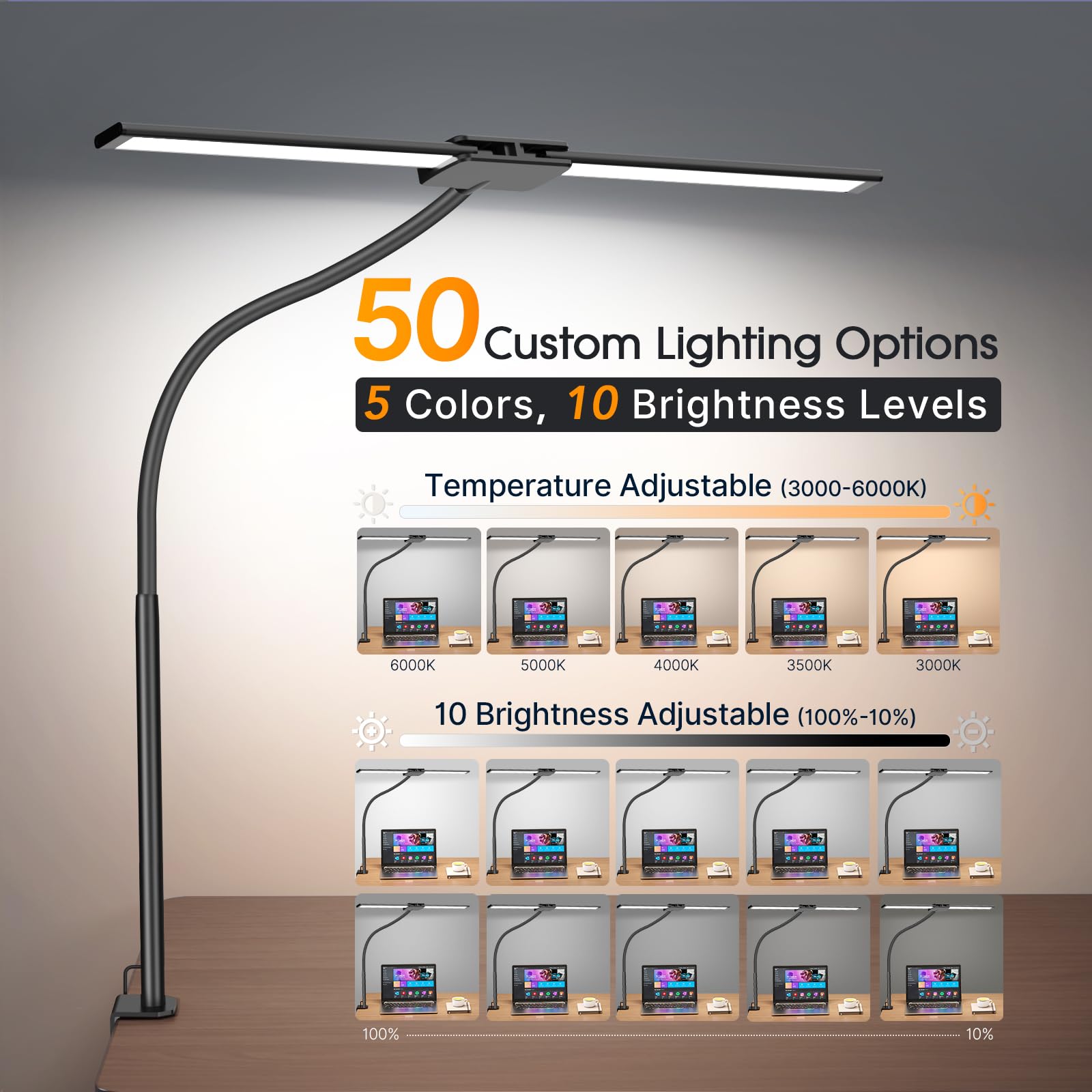 LED Desk Lamp for Office, Architect Desk Lamp with Clamp, Gesture/Wired Control, Ultra Bright Gooseneck Desk Light, Memory & Timer, 50 Lighting Modes for Study, Reading, Crafting