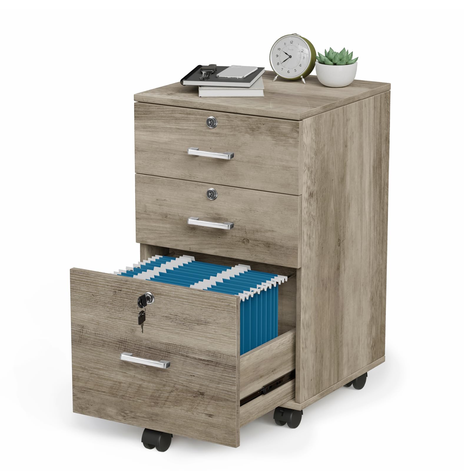 3-Drawer File Cabinet with Lock, Wood Rolling Under Desk File Cabinets for Home Office, Mobile Printer Stand & Filing Organizer for Letter Sized Files, 26" H(Caster Included), Rustic Gray