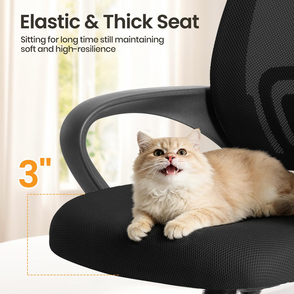 Office Desk Chair - Ergonomic Mid Back with Lumbar Support & Rocking Mode, Height Adjustable with Fixed Armrest, for Home, Computer, Gaming, Conference, Meeting, 360° Swivel, Black, 2 Pack