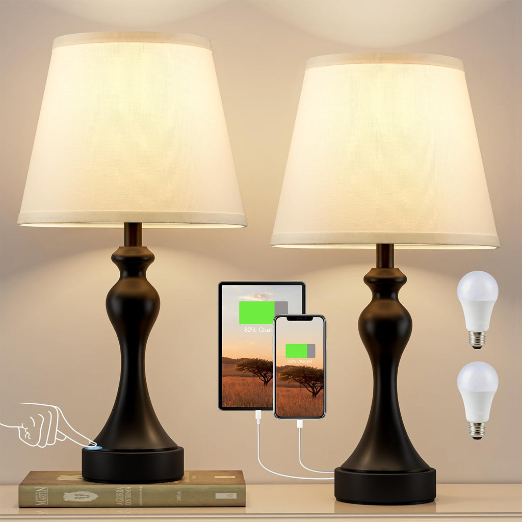Touch Lamps for Nightstand, 3 Way Dimmable Bedside Lamps with USB C+A Ports