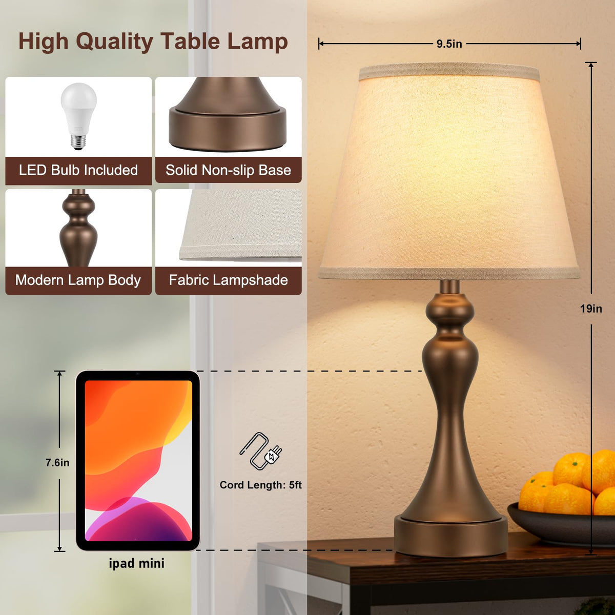 Touch Lamps for Nightstand, 3 Way Dimmable Bedside Lamps with USB C+A Ports