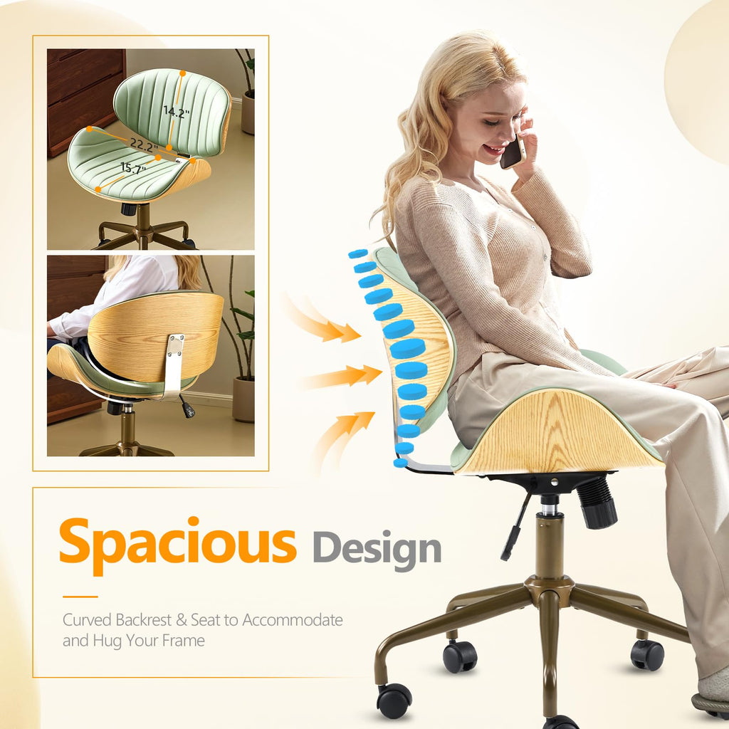 Wide Comfotable Swivel Home Office Chair with Wood-Grain Curved Shell,Ergomomic Mid-Back Padded Armless Rolling Desk Chair with Wheels,Height Adjustable for Computer,Task,Work,PU Leather,Green