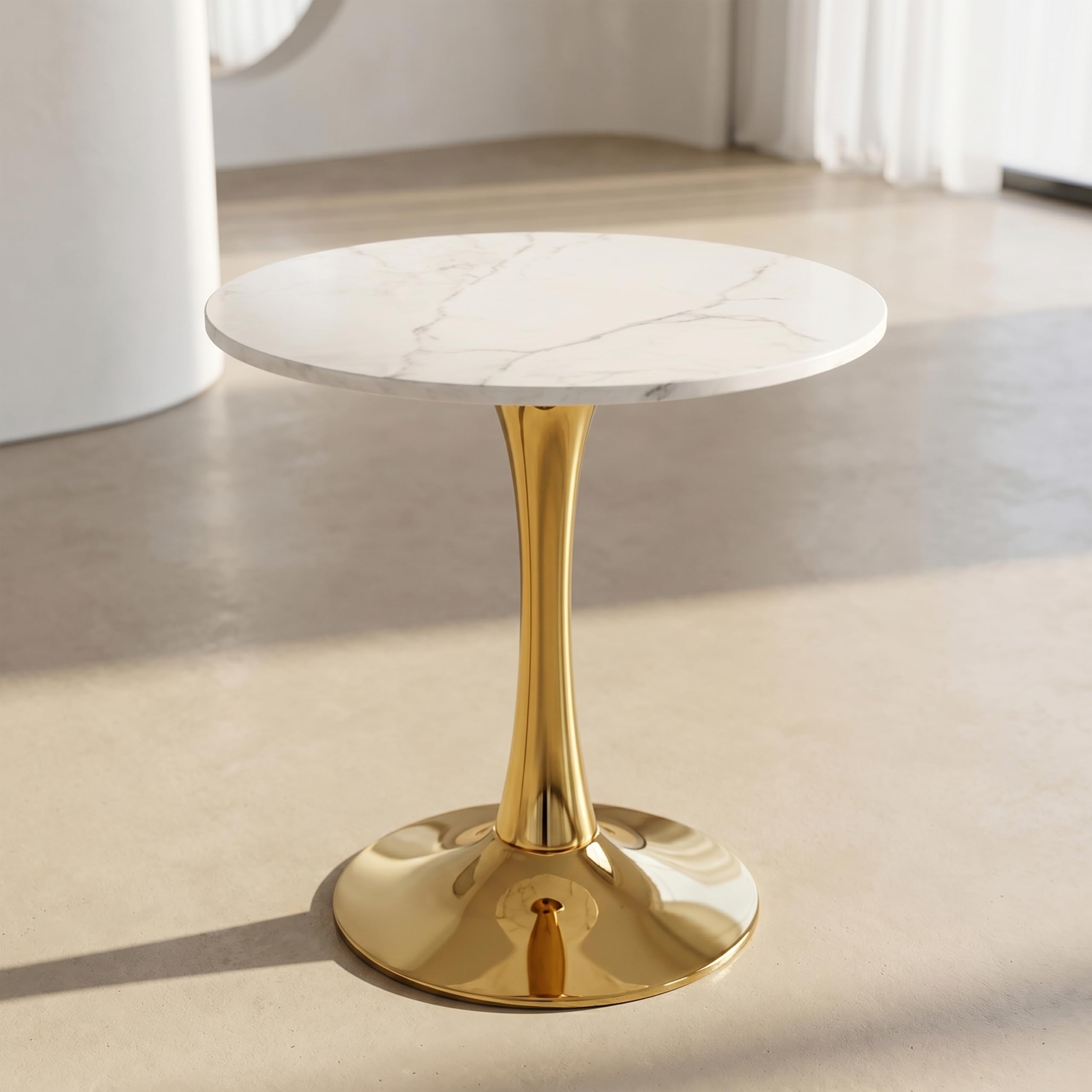 Sybrioka 27.6" Marble Round Tulip Table, Mid-Century Modern Style Dining Table with Gold Pedestal Base for 2-4 People, Featuring A Marble Tabletop for Kitchen, Dining Room, Cafe (White)