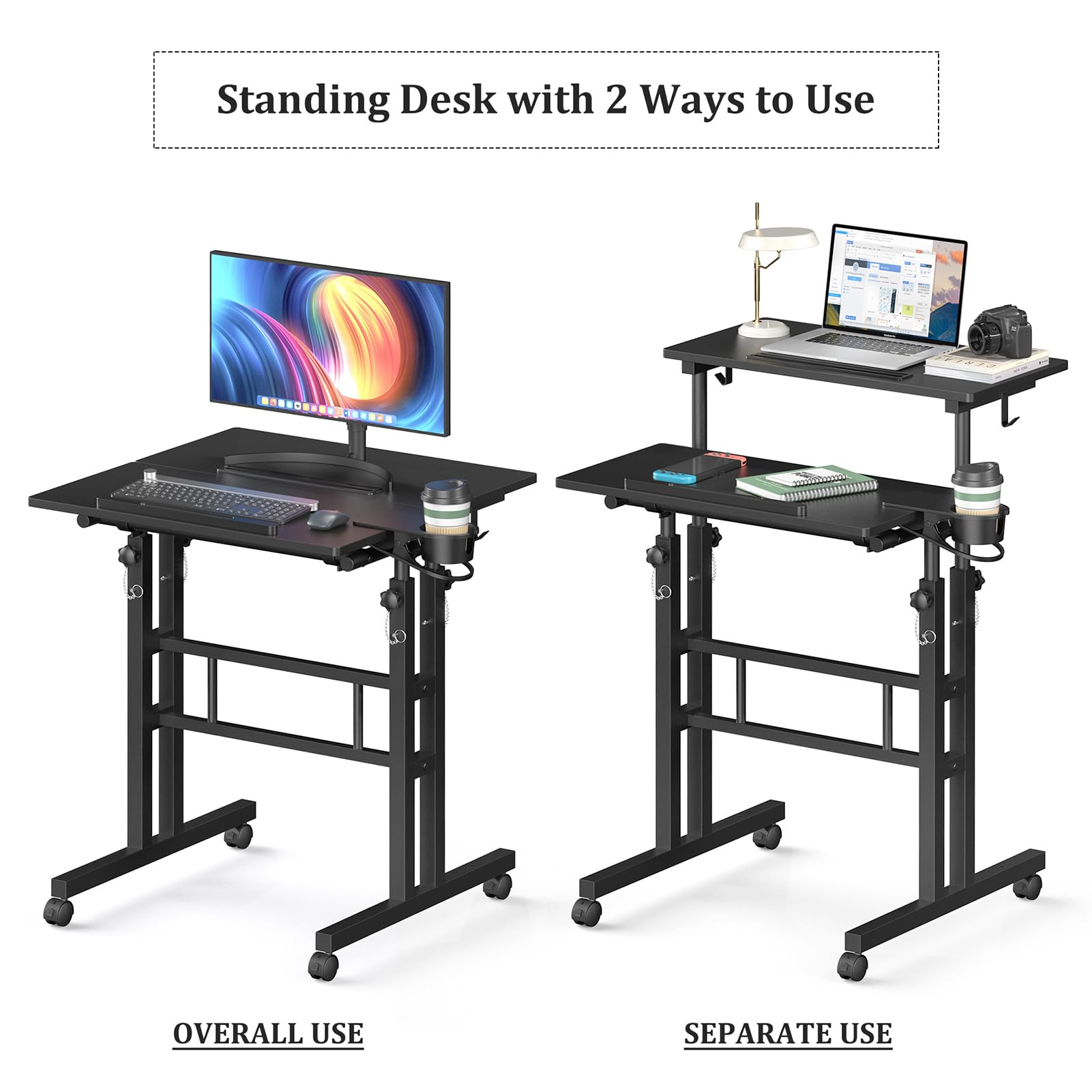 Small Standing Desk with Wheels, Mobile Stand Up Desk, Portable Standing Table on Wheels for Walking Pad, Rolling Computer Desk Adjustable Height, Tall Table
