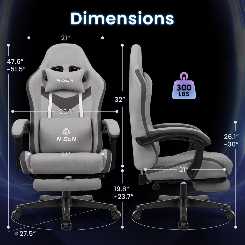 Gaming Chair with Footrest Lumbar Support for Home Office High Back Recliner Height Adjustable Ergonomic Comfy Fabric Computer Desk Chair (Grey)
