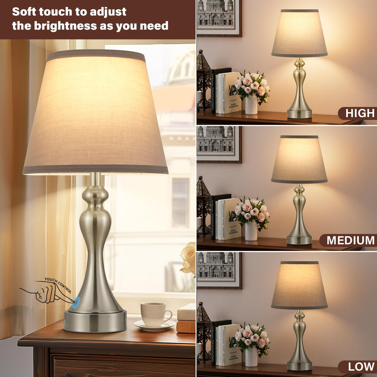 Touch Lamps for Nightstand, 3 Way Dimmable Bedside Lamps with USB C+A Ports