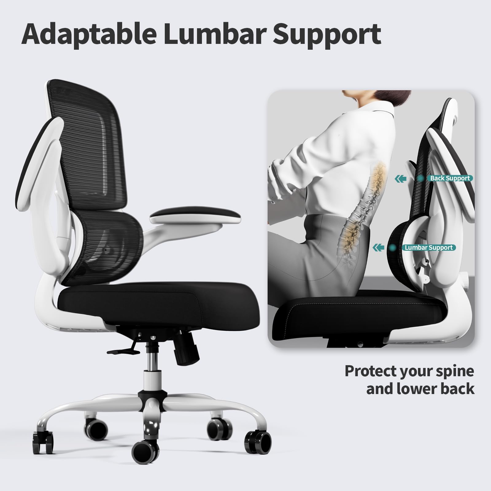 Office Chair - Ergonomic Desk Chair with Adjustable Lumbar Support, Mesh Computer Chair, Executive Chairs for Home Office Comfortable Lumbar Support (White+Black)