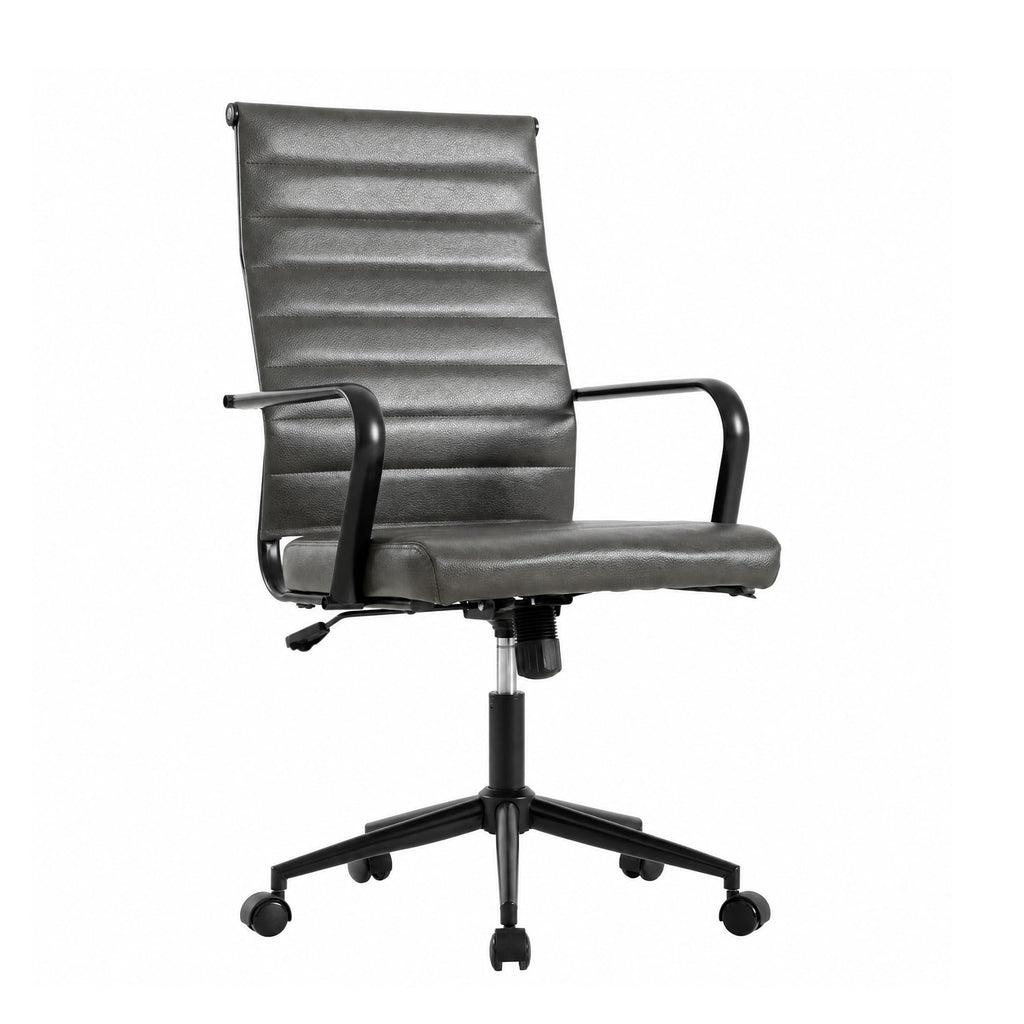 Genuine Leather Office Desk Chair, Mid-Century Modern Real Leather Conference Room Chairs, Ergonomic Executive Ribbed Height Adjustable Swivel Rolling Chair for Home Office.
