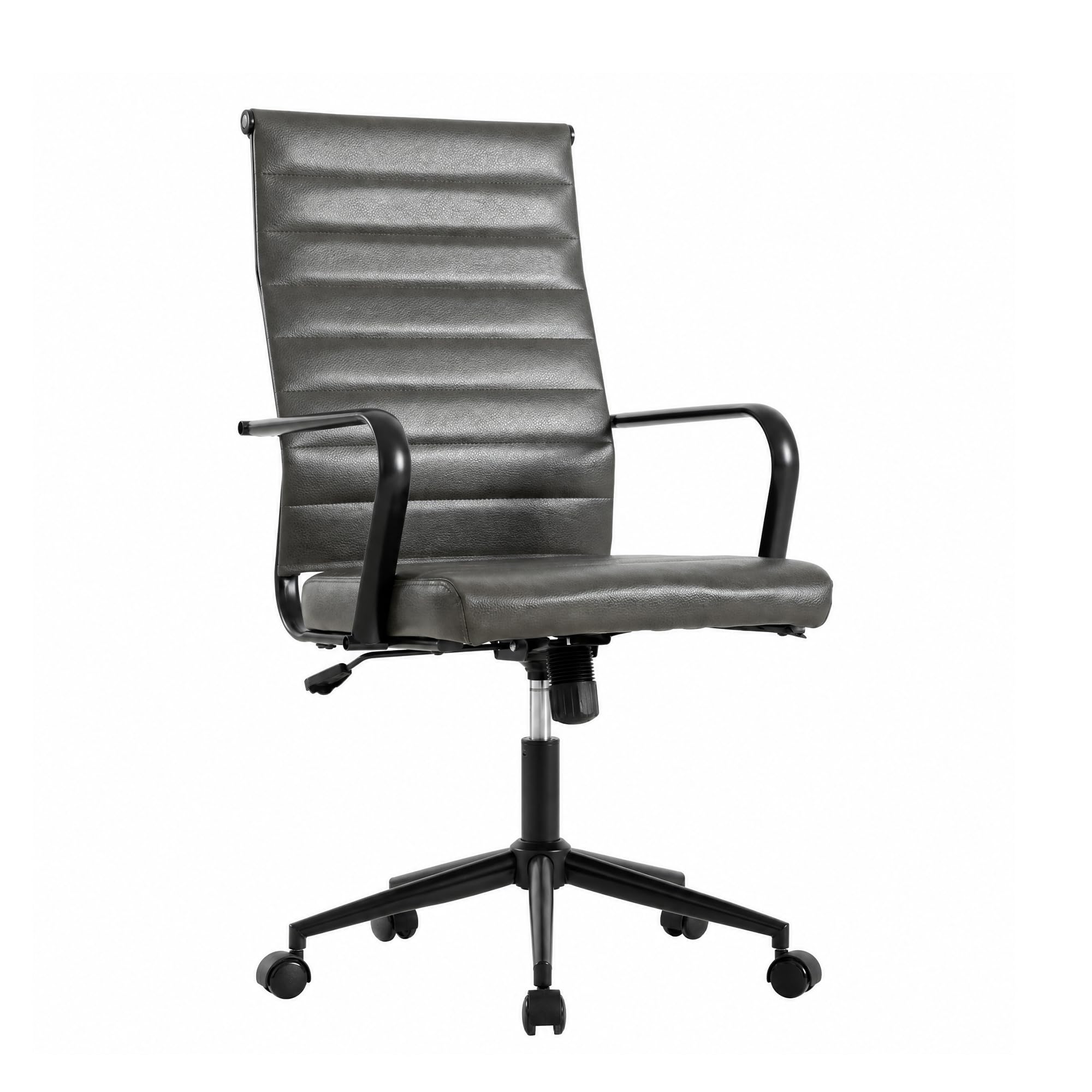 Genuine Leather Office Desk Chair, Mid-Century Modern Real Leather Conference Room Chairs, Ergonomic Executive Ribbed Height Adjustable Swivel Rolling Chair for Home Office.