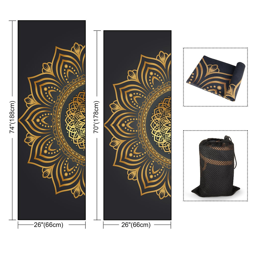 Hot Yoga Towel with Grip Dots, Non Slip, 70"x26, Gold Mandala