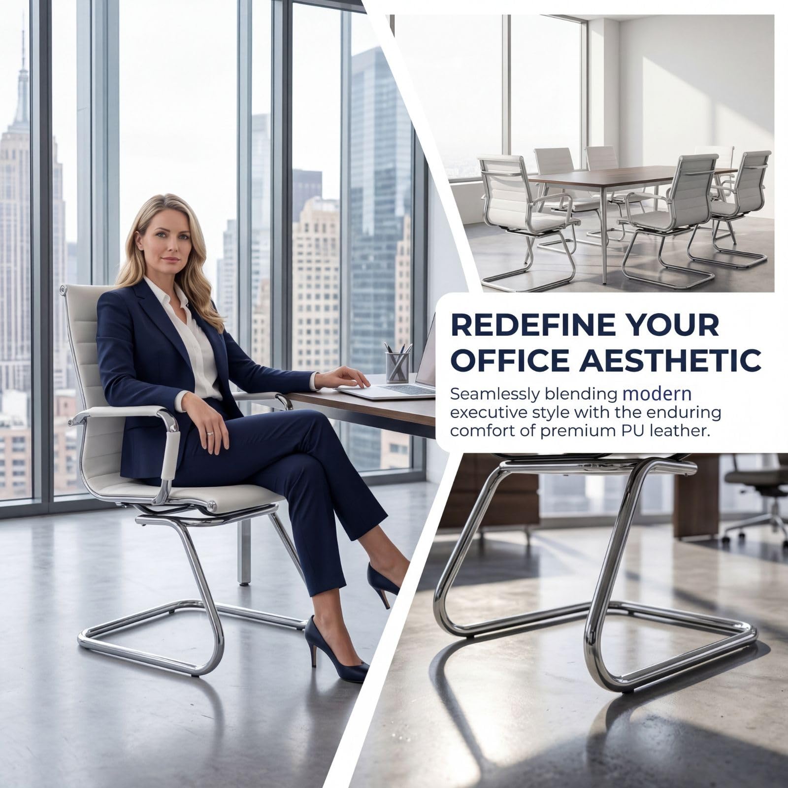 Conference Room Chairs Set of 4, Waiting Room Chairs with Arms, Faux Leather Reception Chairs No Wheels, Office Guest Chairs with Mid Back Support and Chrome Sled Base, WhiteWhite