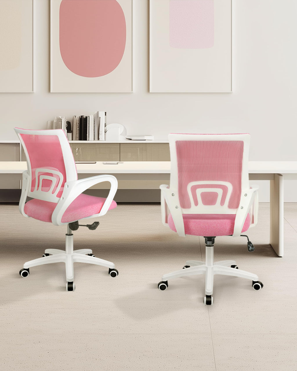 Office Desk Computer Chair Ergonomic Mesh Gaming Cushion Seat with Comfy Lumbar Mid Back Support Adjustable Height Swivel Rolling Wheels for Home Task (Pink)