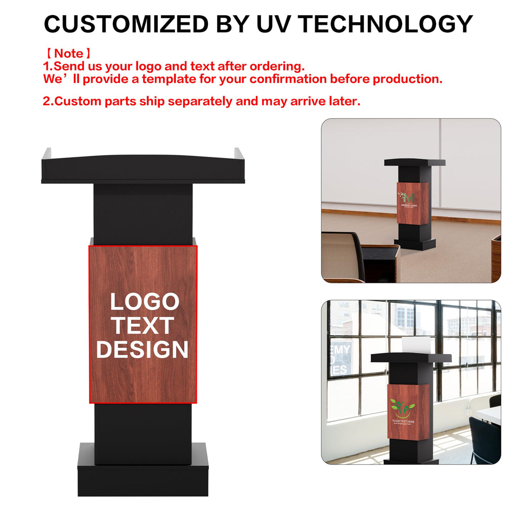 Customizable Logo & Text Podium Stand,Wood Lectern with Adjustable Partition,Church Pulpit with Storage,Mic Stand Space,Wooden Podium for Churches,Seminars and Schools