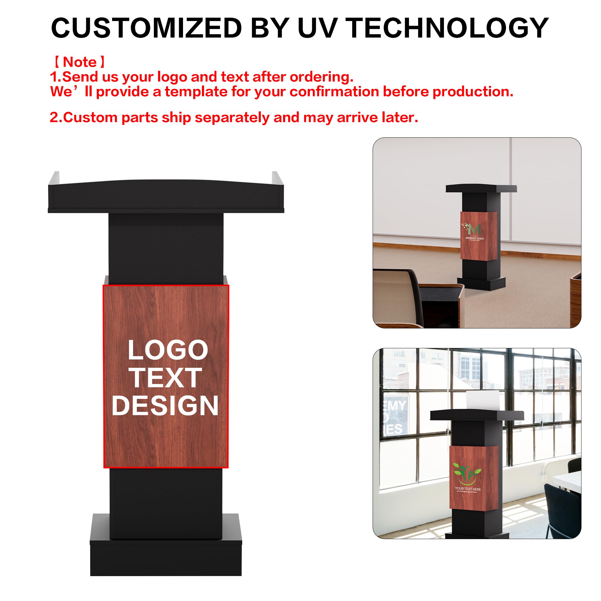 Customizable Logo & Text Podium Stand,Wood Lectern with Adjustable Partition,Church Pulpit with Storage,Mic Stand Space,Wooden Podium for Churches,Seminars and Schools