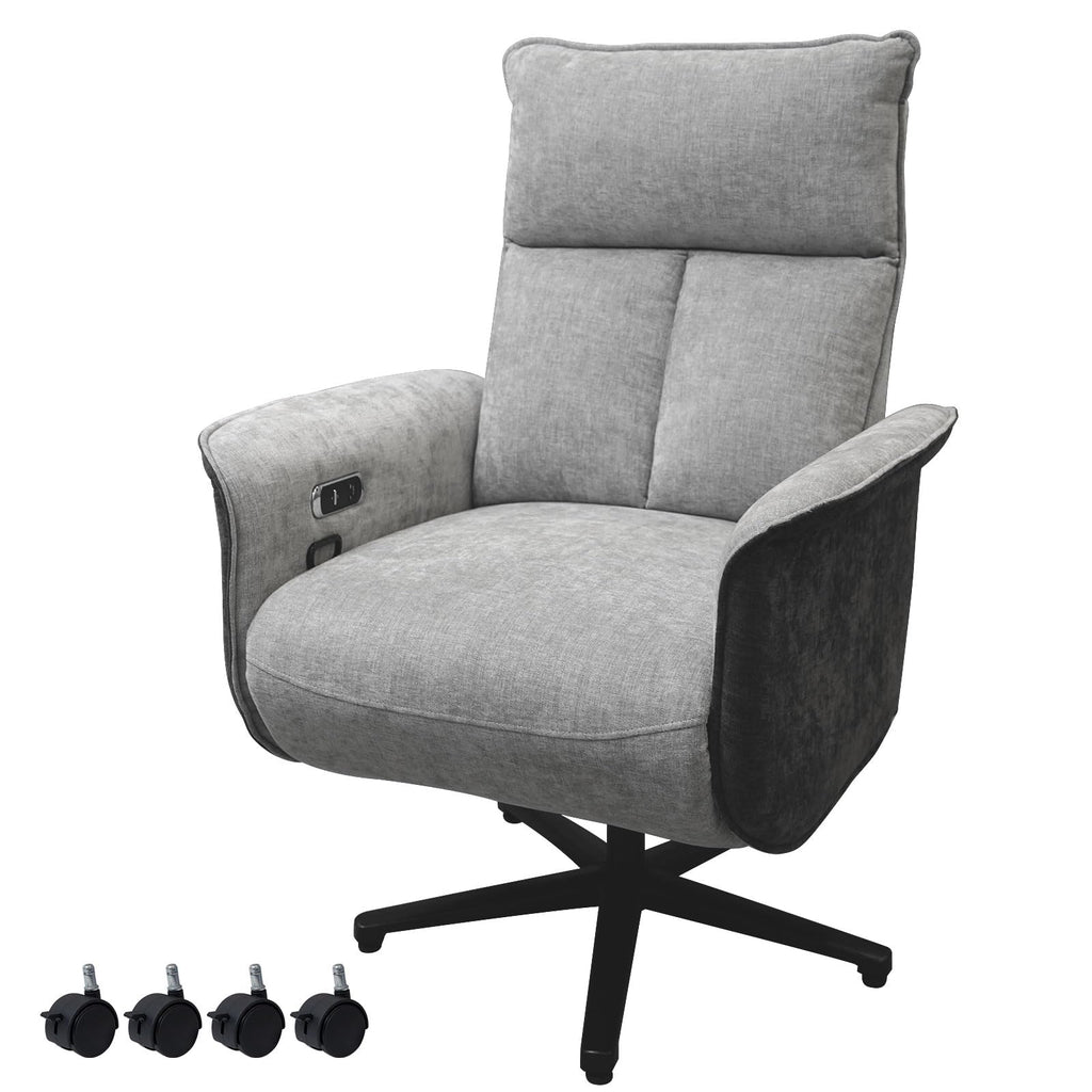 Ergonomic Executive Recliner, Adjustable Electric Office Chair 90-155° with Footrest, 4-Position Headrest, 300LBS Heavy Duty, 2-in-1 Base Swivel Desk Chair w/USB, Grey & Black Chenille
