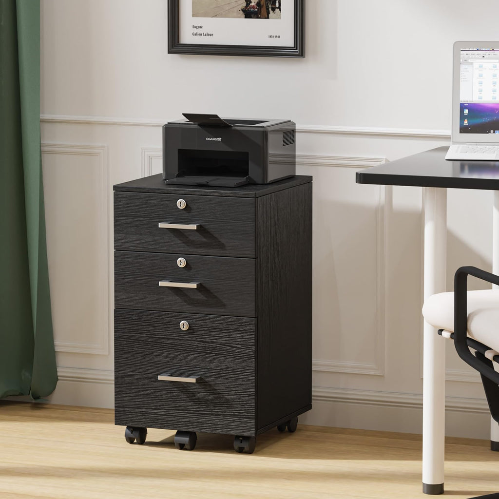 3-Drawer File Cabinet with Lock, Wood Rolling Filing Cabinets for Home Office, Mobile Printer Stand, Under Desk File Organizer for Letter Sized Files, 26" H(Caster Included), Black