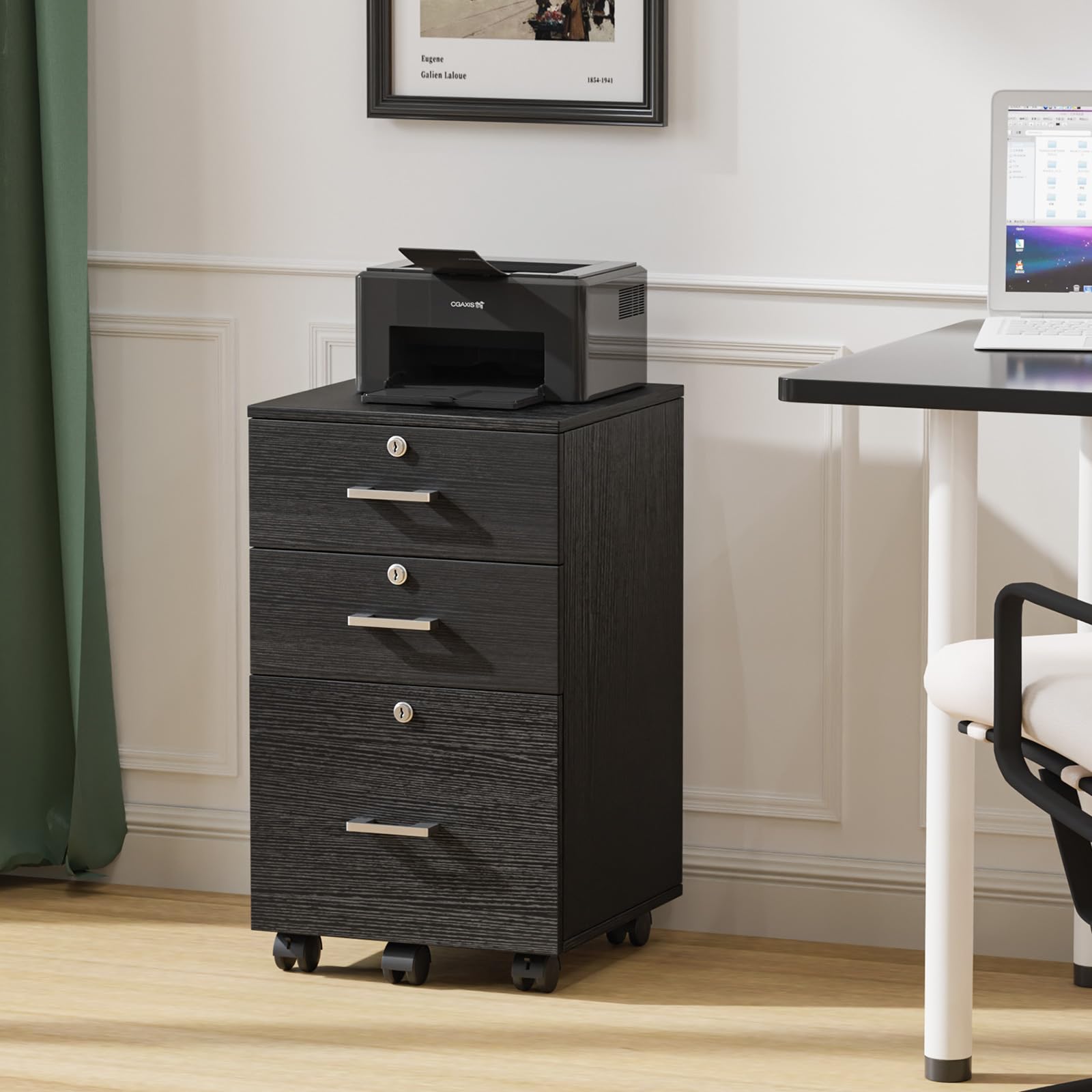 3-Drawer File Cabinet with Lock, Wood Rolling Filing Cabinets for Home Office, Mobile Printer Stand, Under Desk File Organizer for Letter Sized Files, 26" H(Caster Included), Black