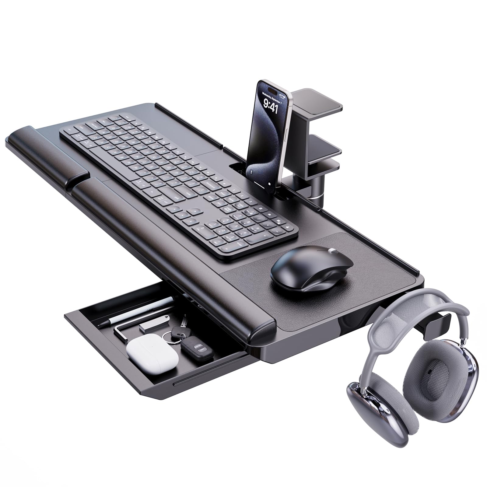 Keyboard Tray Under Desk with 360° Rotation, Ergonomic Computer Keyboard & Mouse Tray 25"W×11.02"D Sit Stand Desk Keyboard Holder w/Wrist Rest & Storage Drawer (Height is not Adjustable)