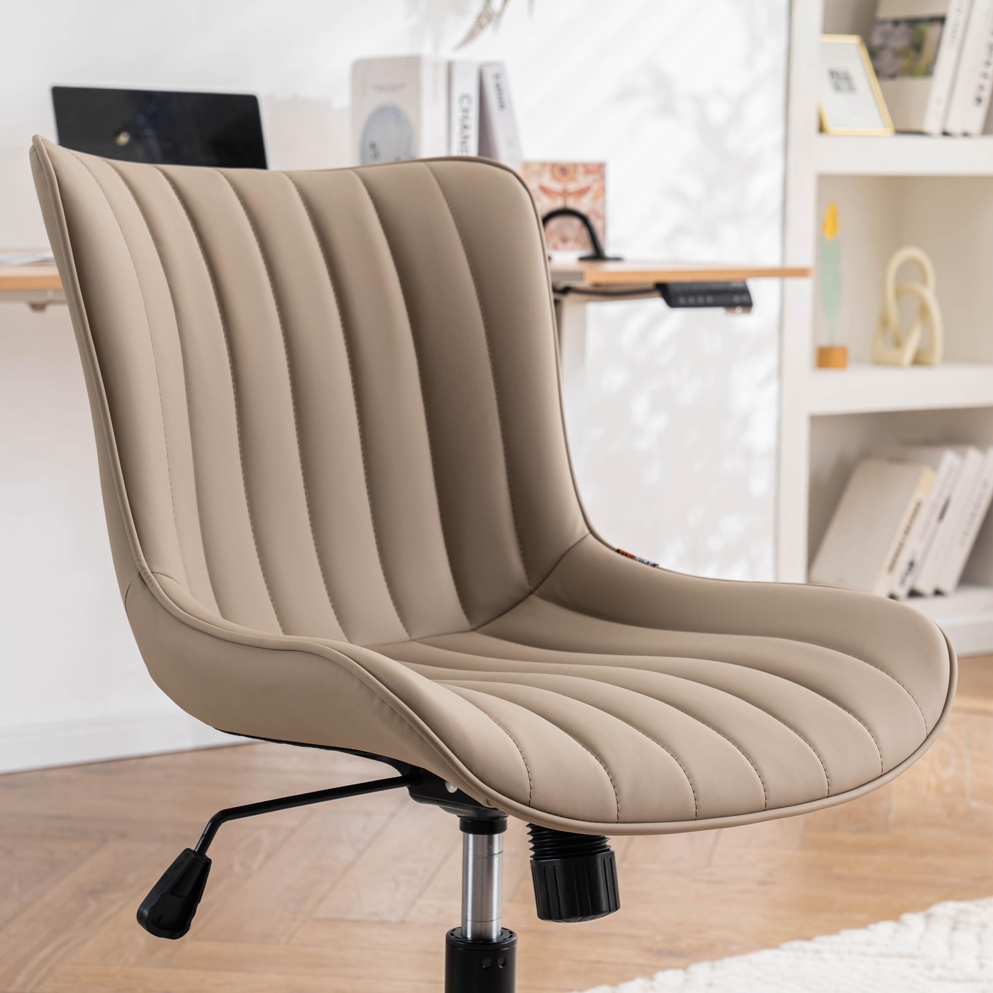 Khaki Comfy Home Office Desk Chair with Wheels Armless Vanity Chair with Back Ergonomic Modern Leather Upholstered Rolling Task Chair Small Cute Sewing Chair No Arms Wide Swivel Adjustable