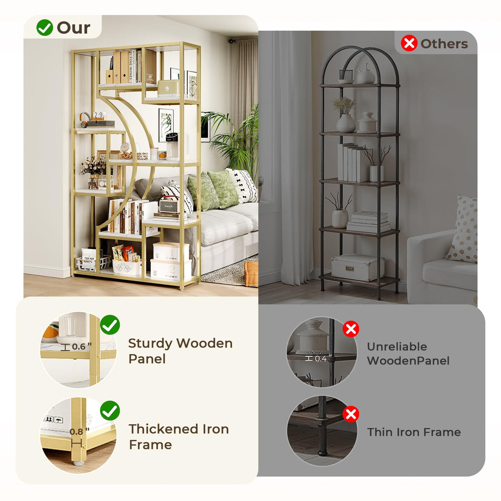 79" W Luxury Marble-Patterned White Gold Bookshelf, Modern Geometric Half-Moon Style, Flexible Modular Open Storage Unit for Living Room, Home, Office
