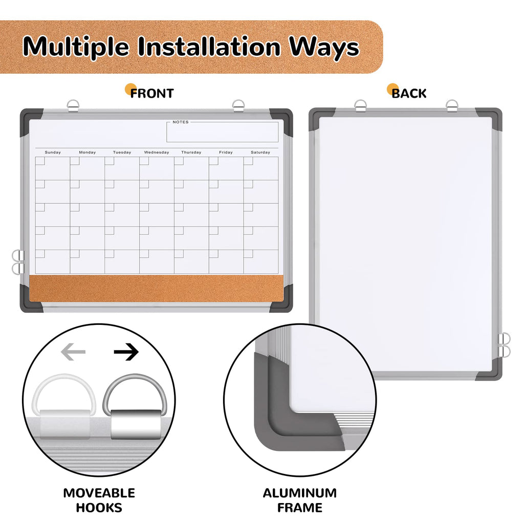 Monthly Calendar Whiteboard for Wall, 17x13 Inches Dry Erase Board with Cork Board Combo, Small Magnetic White Board, Double-Sided Hanging Portable Board for Office School Home Kitchen Planner Memo