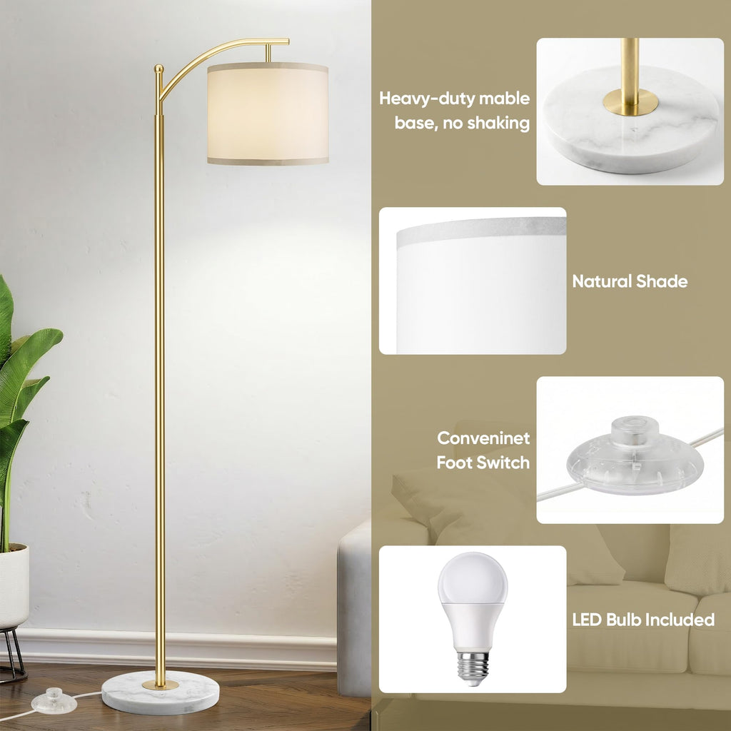 Gold Floor Lamp for Living Room with Marble Base, Modern Standing Lamp with 3 Color Temperatures Bulb & Adjustable Linen Shade, Tall Lamp for Bedroom Office Reading Nursery