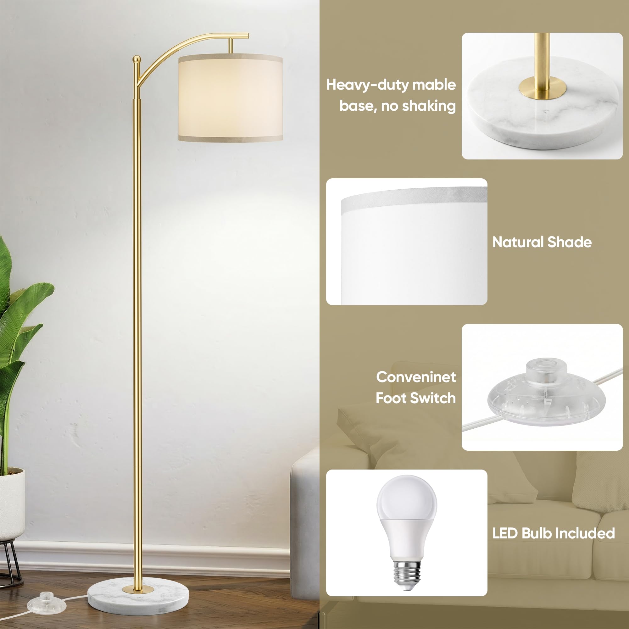 Gold Floor Lamp for Living Room with Marble Base, Modern Standing Lamp with 3 Color Temperatures Bulb & Adjustable Linen Shade, Tall Lamp for Bedroom Office Reading Nursery