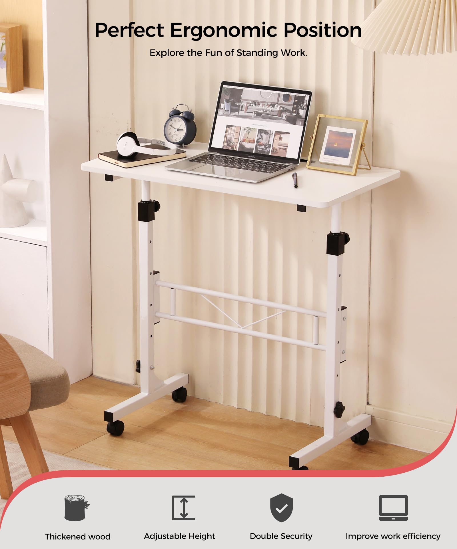 Standing Desk Adjustable Height, Mobile Stand Up Desk with Wheels Small Computer Desk Rolling Desk, Portable Laptop Desk White Standing Table Home Office Desks 16"x31.5" Height 27"-43.5"