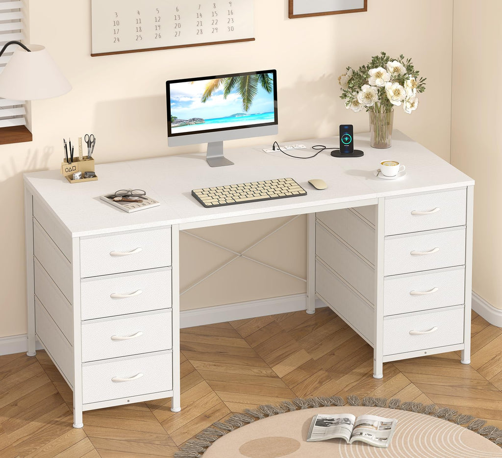 50 Inch White Computer Desk with 8 Drawers, Home Office Desk with Power Outlets, Work Study Gaming Desk with 8 Fabric Drawers, White