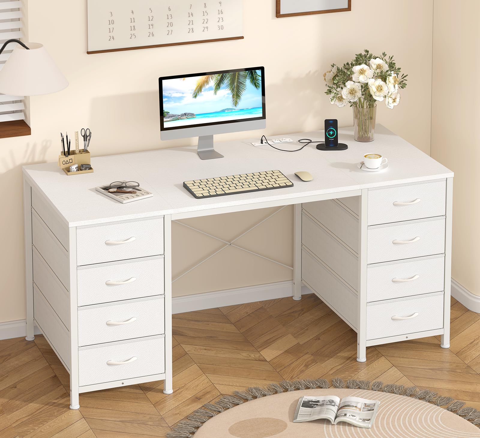50 Inch White Computer Desk with 8 Drawers, Home Office Desk with Power Outlets, Work Study Gaming Desk with 8 Fabric Drawers, White