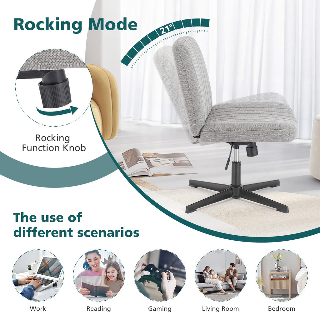 Criss Cross Legged Chairs Armless No Wheels Wide Seat Height Adjustable Swivel Padded Fabric Home Office Desk Seating for Bedroom, Student, Study Room