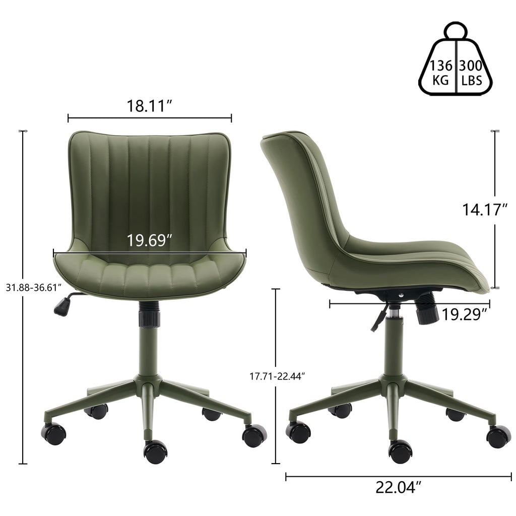 Home Office Desk Chair with Wheels Armless Vanity Chair with Back Comfy Modern Leather Upholstered Rolling Task Chair Swivel Small Cute Sewing Chair No Arms Wide Adjustable Sage Green