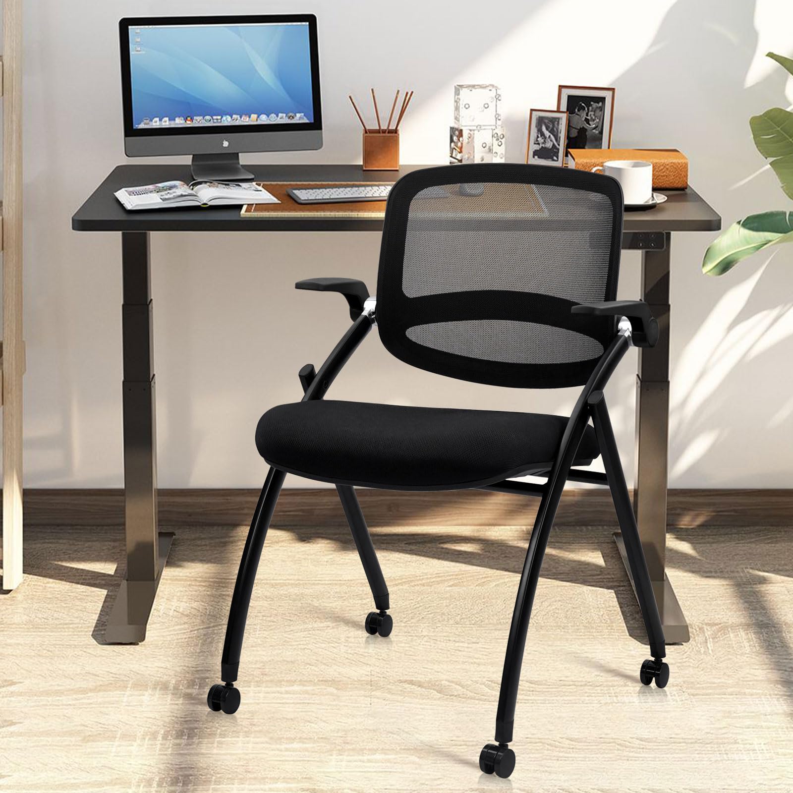 20 Pack, Stackable & Foldable Chairs with Flip Up Armrests, Reception Guest Chairs with Wheels, Ergonomic Curved Mesh Back Folding Chair for Office Meeting Schools Conference Waiting Room