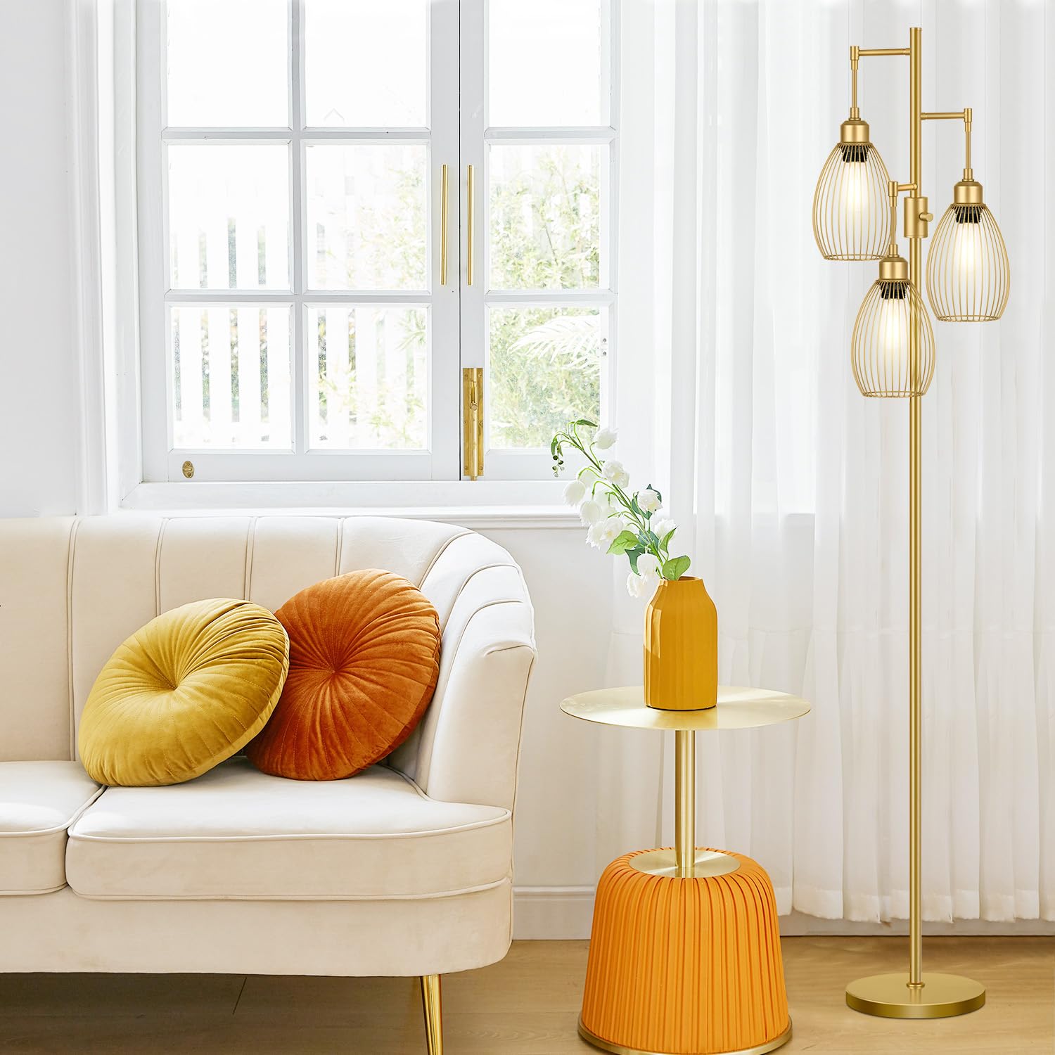 Floor Lamp, 3 x 800LM LED Edison Bulbs Included, Farmhouse Industrial Floor Lamp Standing Tree Lamp with Elegant Teardrop Cage Head Tall Lamp for Living Room Bedroom Office Dining Room - Gold