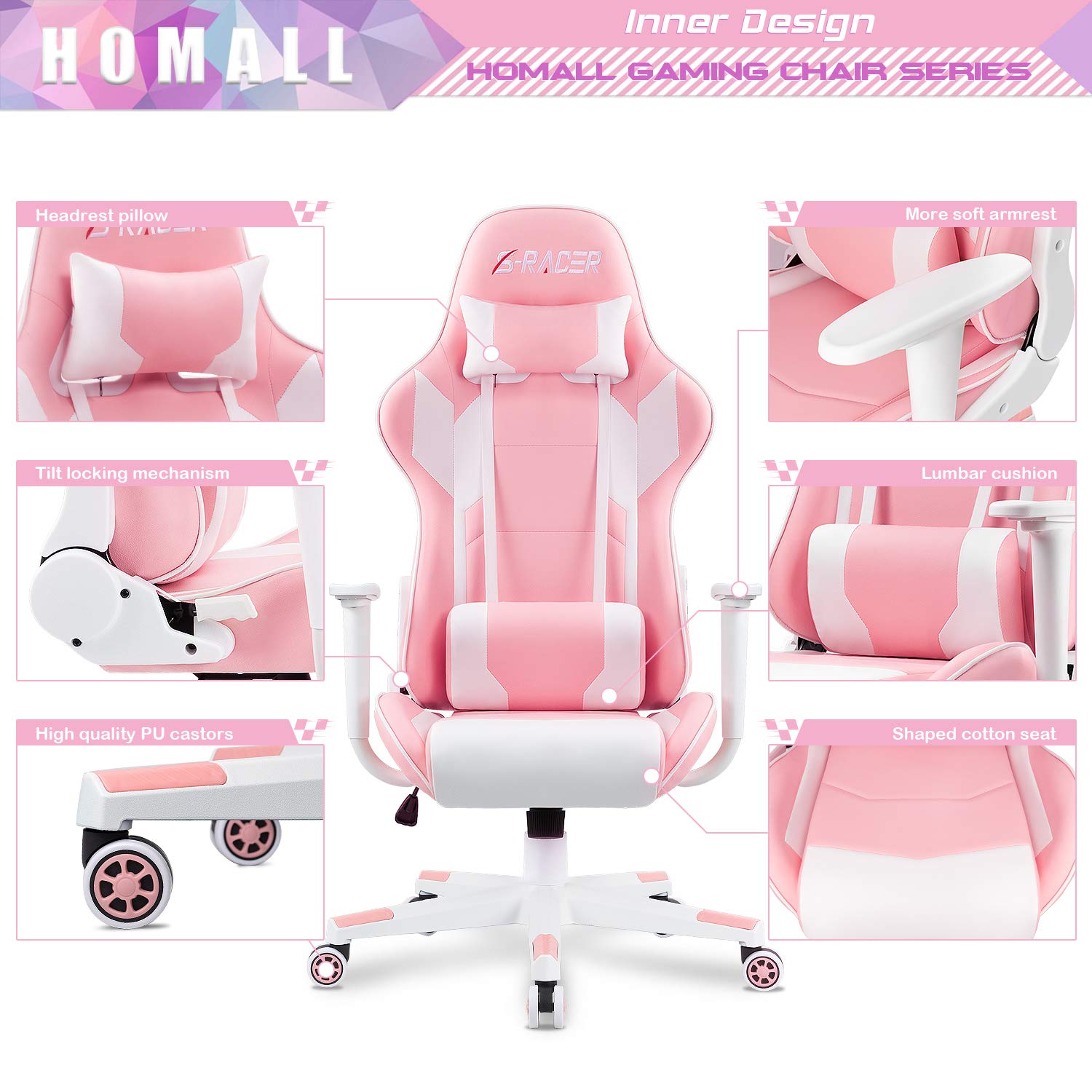 Gaming Chair, Office Chair High Back Computer Chair Leather Desk Chair Racing Executive Ergonomic Adjustable Swivel Task Chair with Headrest and Lumbar Support(Pink)