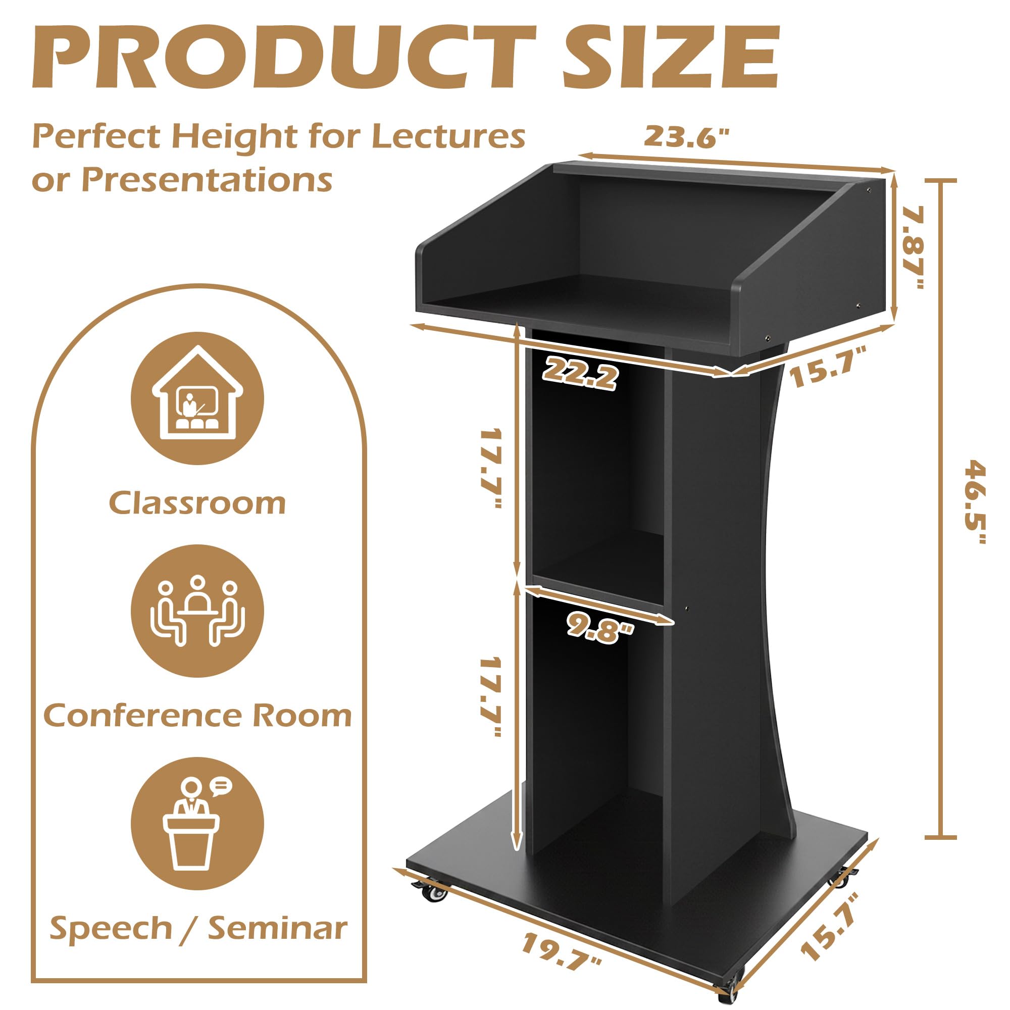 Podium Stand with Lockable Wheels,47"H Wooden Podium for Classroom, Mobile Pulpit Lectern with 3 Storage Shelves for Church, Office,Conference Room (Black)