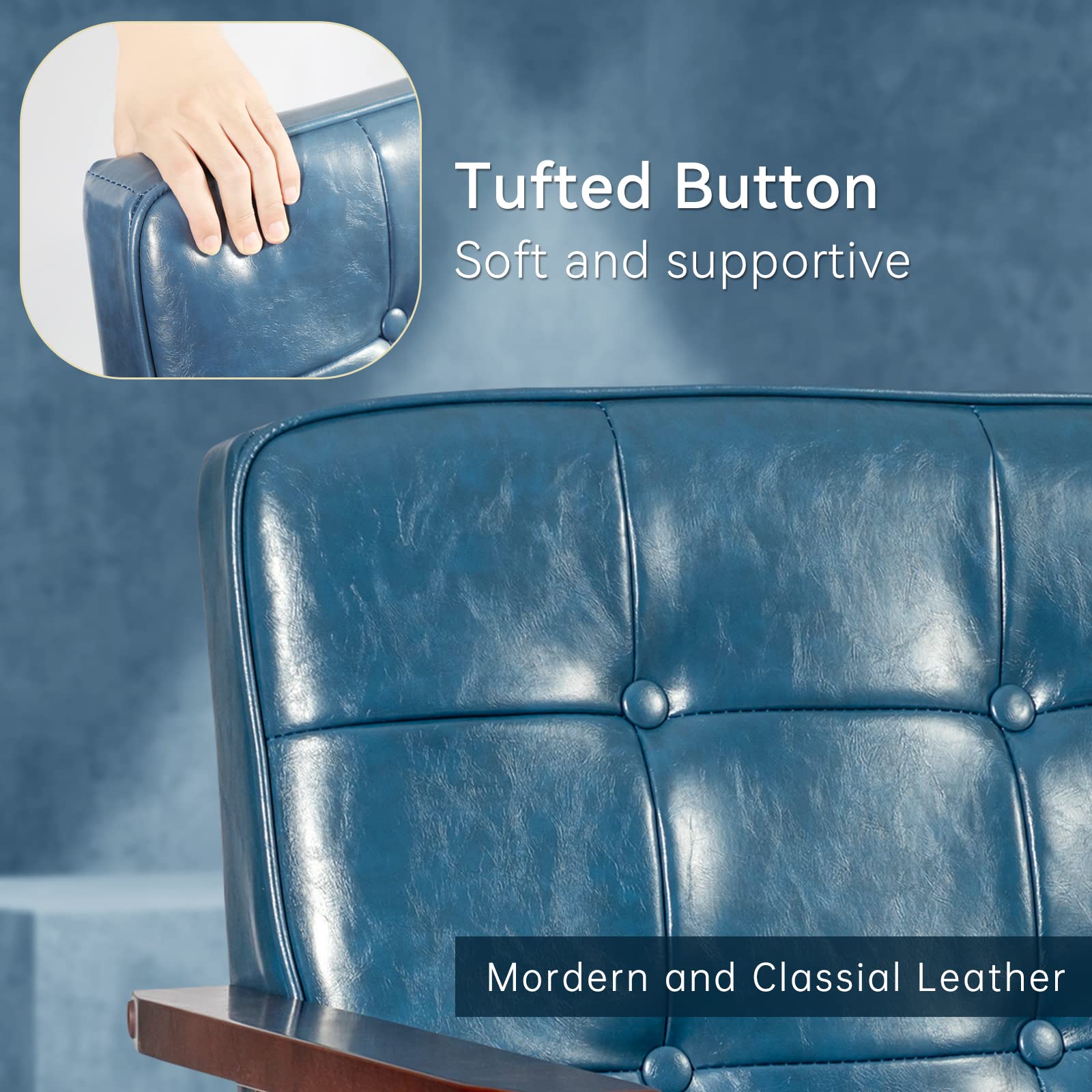 Accent Chairs Set of 2, Mid Century Modern Accent Chair, Retro Wood and Leather Armchairs Side Chair, Lounge Reading Comfy Arm Chair for Living Room, Bedroom, Office (Blue)