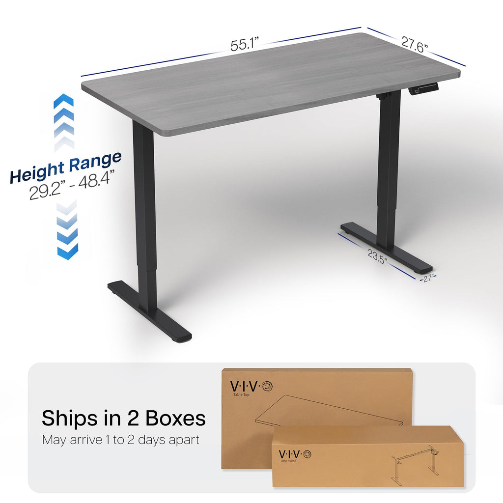 Electric 55 x 28 in Standing Desk, Memory Height Adjustment, 1B Series, Holds 220 lbs, One-Piece Dark Gray Top, Black Frame